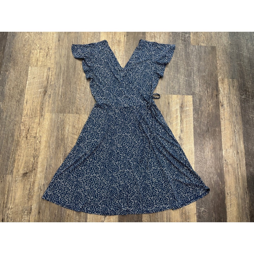 Kaileigh Navy Blue‎ White Ditsy Floral Faux Wrap Ruffle Sleeve Dress XS
